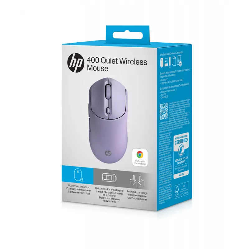 Rato sem fios silencioso HP 400 roxo, ambidestro, RF Wireless + Bluetooth, 6000 DPI, roxo