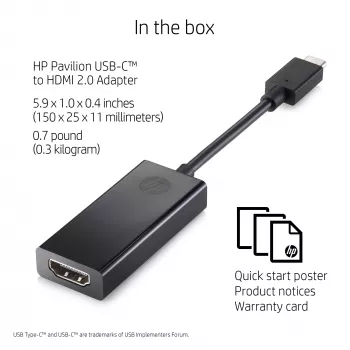 Adaptador HP USB-C para HDMI 2.0 preto 111,2 mm largura 44,2 mm profundidade 17,1 mm altura