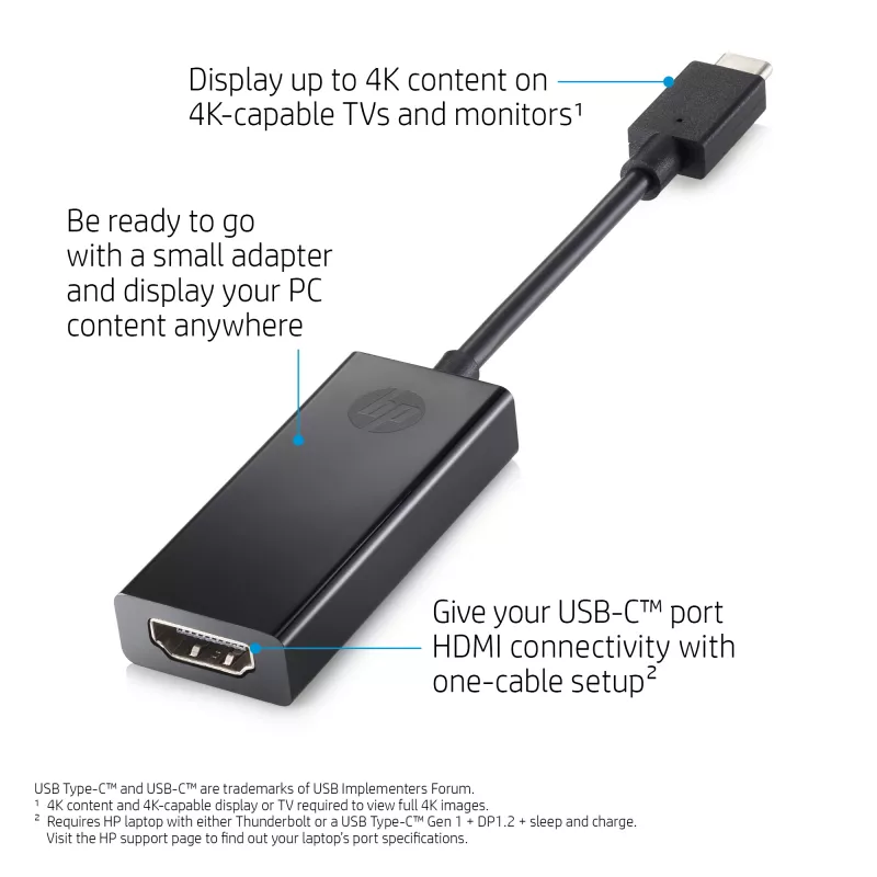 HP 1WC36AA adaptador de USB-C para HDMI 2.0, USB-C macho para HDMI fêmea, preto