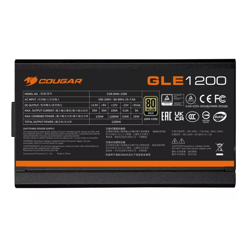 Fonte de alimentação COUGAR GLE 1000W ATX 3.1, 80 PLUS Gold, 100–240 V, 50/60 Hz, ATX de 20+4 pinos, ventoinha de 135 mm, preto