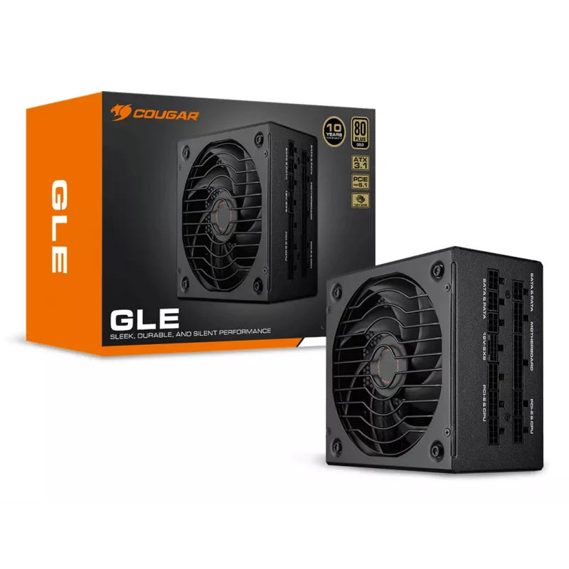 Fonte de alimentação COUGAR GLE 1000W ATX 3.1, 80 PLUS Gold, 100–240 V, 50/60 Hz, ATX de 20+4 pinos, ventoinha de 135 mm, preto