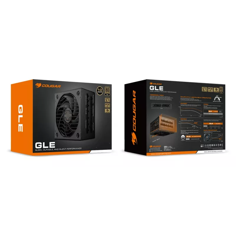 COUGAR GLE 1200 W ATX 3.1 fonte de alimentação, 80 PLUS Gold, 100-240 V, 50/60 Hz, ATX de 20+4 pinos, ventoinha de 135 mm, preta