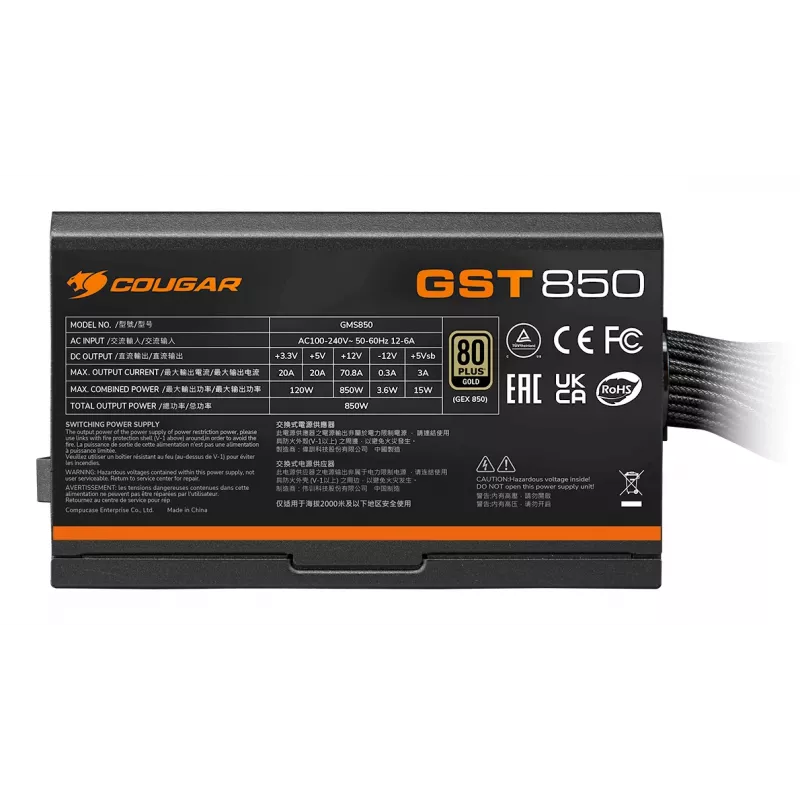 Fonte de alimentação COUGAR GST 850W ATX3.1 / 80 Plus Gold, 850 W, 100 - 240 V, 50/60 Hz, 12 - 6 A, 120 W, 850 W
