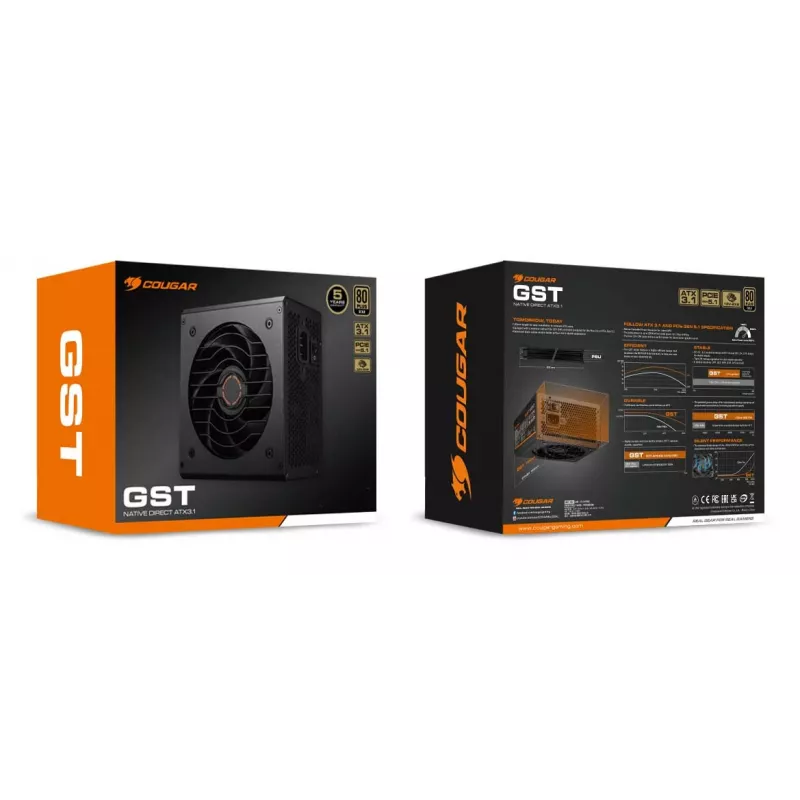 Fonte de alimentação COUGAR GST 850W ATX3.1 / 80 Plus Gold, 850 W, 100 - 240 V, 50/60 Hz, 12 - 6 A, 120 W, 850 W