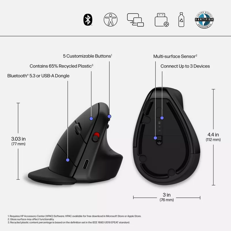 Rato sem fios ergonómico HP 920, destro, design vertical, Bluetooth + USB Type-A, 4000 DPI, preto