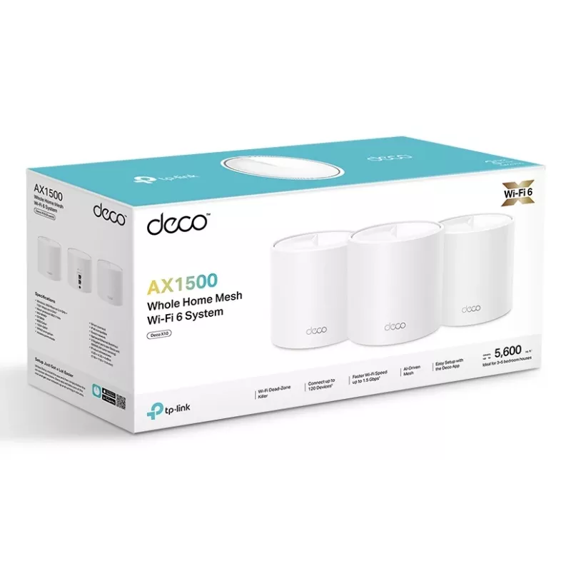 Sistema Mesh Wi-Fi 6 TP-Link AX1500 Whole Home, pack de 3, Branco, Interno, Sistema Mesh, Alimentação, Banda dupla (2,4 GHz / 5 GHz), Wi-Fi 6 (802.11ax)