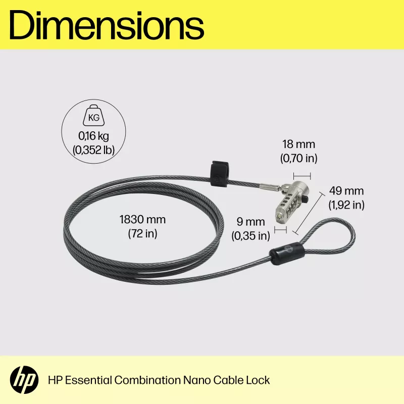 Cabo de segurança combinado HP Essential Nano, 1,83 m, fecho de combinação, Aço inoxidável
