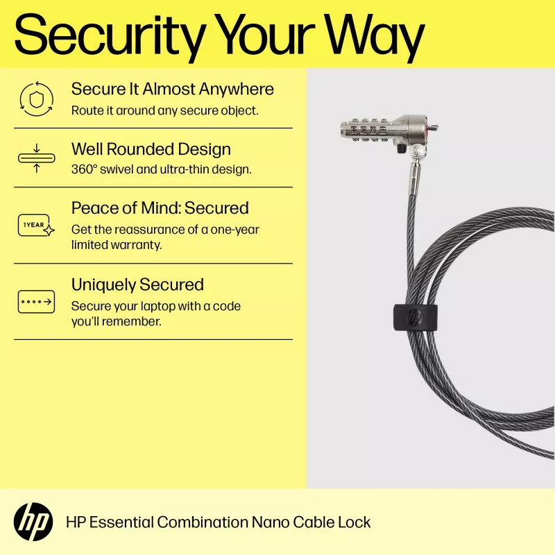 Cabo de segurança combinado HP Essential Nano, 1,83 m, fecho de combinação, Aço inoxidável