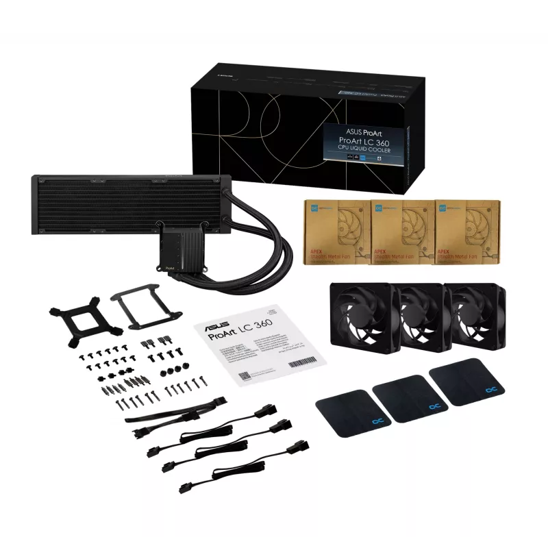 Kit de refrigeração líquida ASUS ProArt LC 360 preto — 3 ventoinhas de 120 mm 800–2200 rpm, radiador 360 mm, base de cobre, tubos de 40 cm