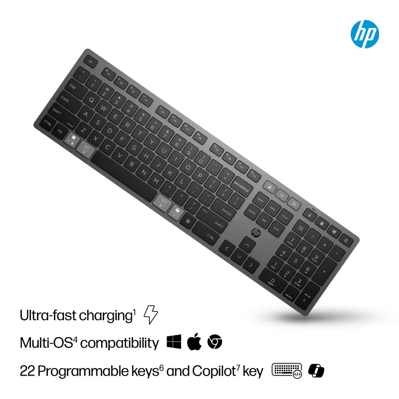 Teclado sem fios recarregável HP 725 Multi-Device, tamanho completo (100%), sem fios, RF Wireless + Bluetooth, preto