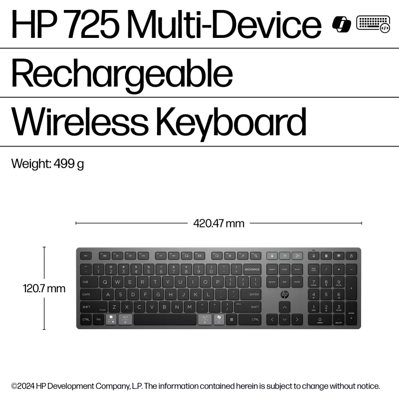 Teclado sem fios recarregável HP 725 Multi-Device, tamanho completo (100%), sem fios, RF Wireless + Bluetooth, preto