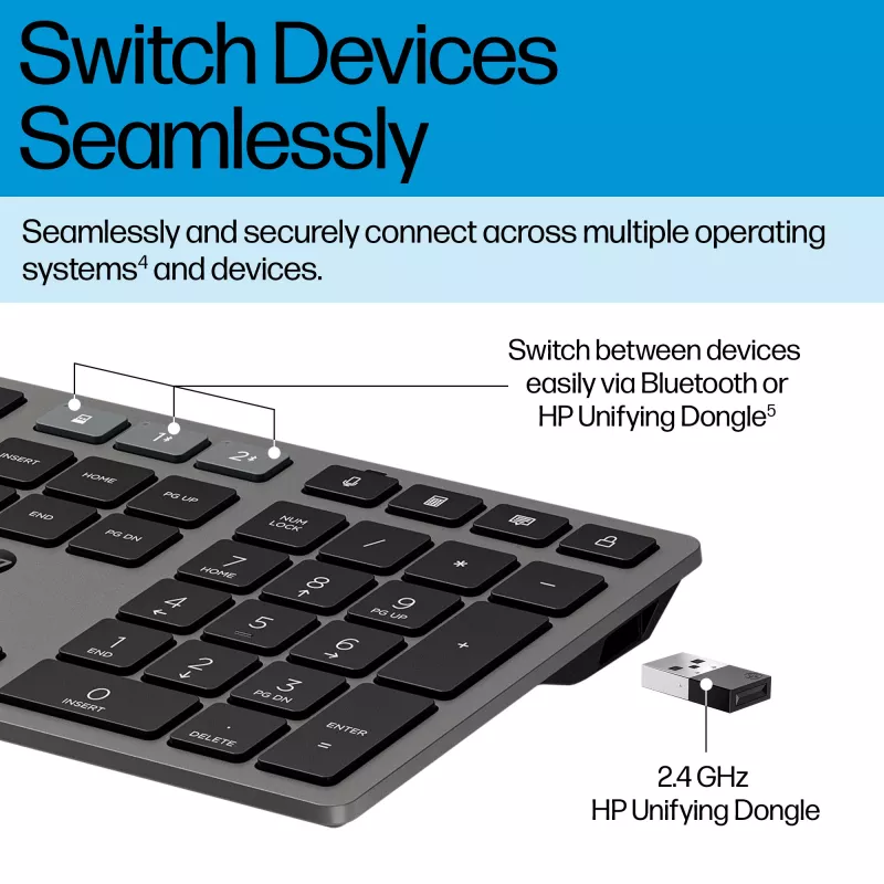 Teclado sem fios recarregável HP 725 Multi-Device, tamanho completo (100%), sem fios, RF Wireless + Bluetooth, preto