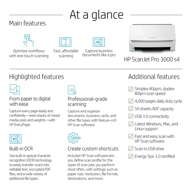 Scanner de folhas HP Scanjet Pro 3000 s4 600 x 600 DPI A4 preto, branco