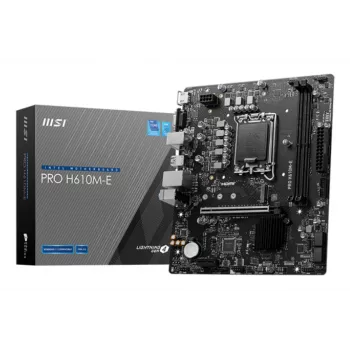 Placa-mãe MSI PRO H610M-E — Intel H610, LGA 1700, micro ATX, DDR5, 2x DIMM, máx. 96 GB, 2.5Gb LAN, HDMI, 4x SATA III