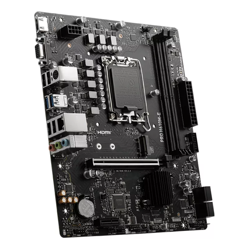Placa-mãe MSI PRO H610M-E — Intel H610, LGA 1700, micro ATX, DDR5, 2x DIMM, máx. 96 GB, 2.5Gb LAN, HDMI, 4x SATA III