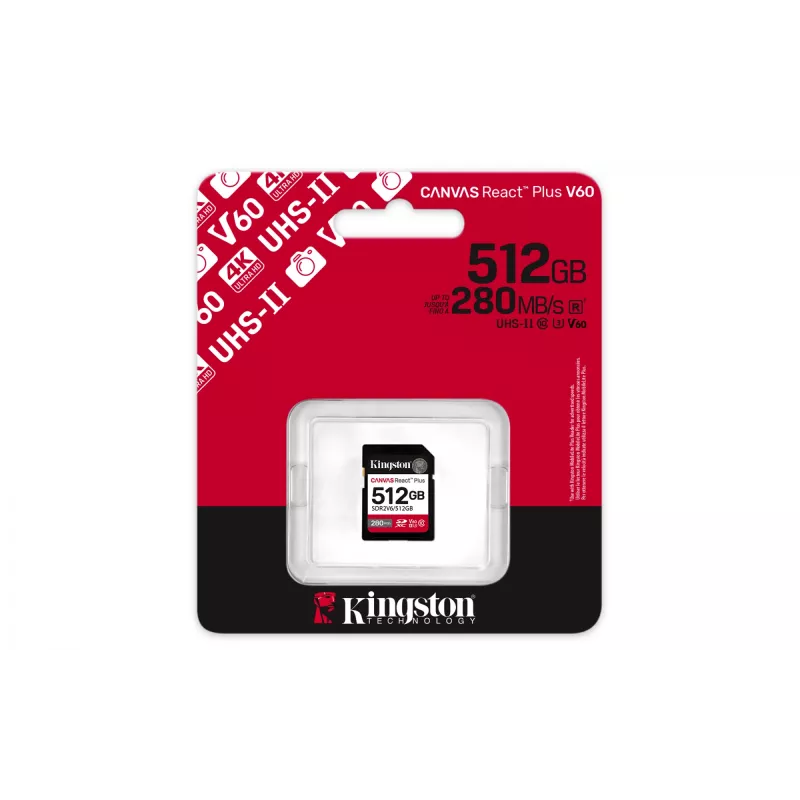 Kingston Technology 512GB Canvas React Plus SDXC UHS-II 280R/150W U3 V60 para Full HD/4K