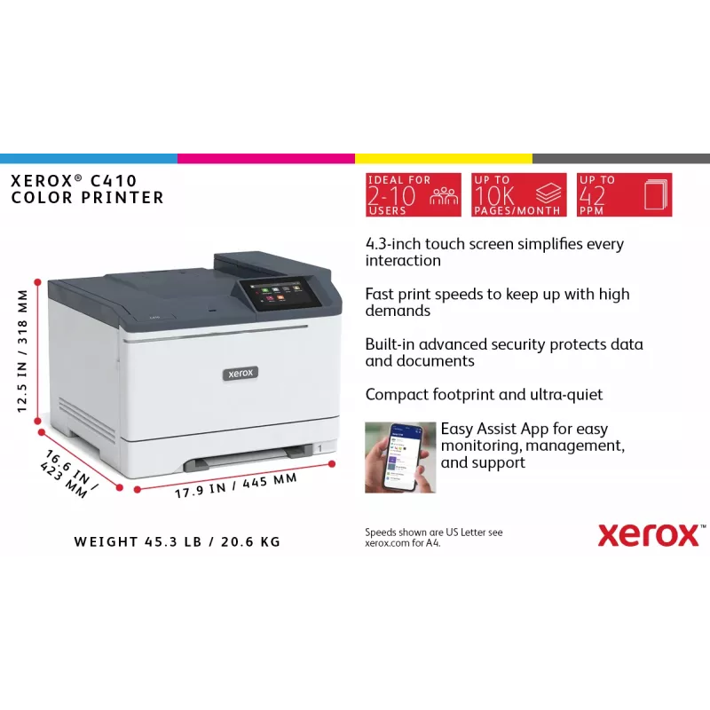 Xerox C410 A4 40ppm duplex impressora PS3 PCL5e/6 2 gavetas de papel 251 folhas
