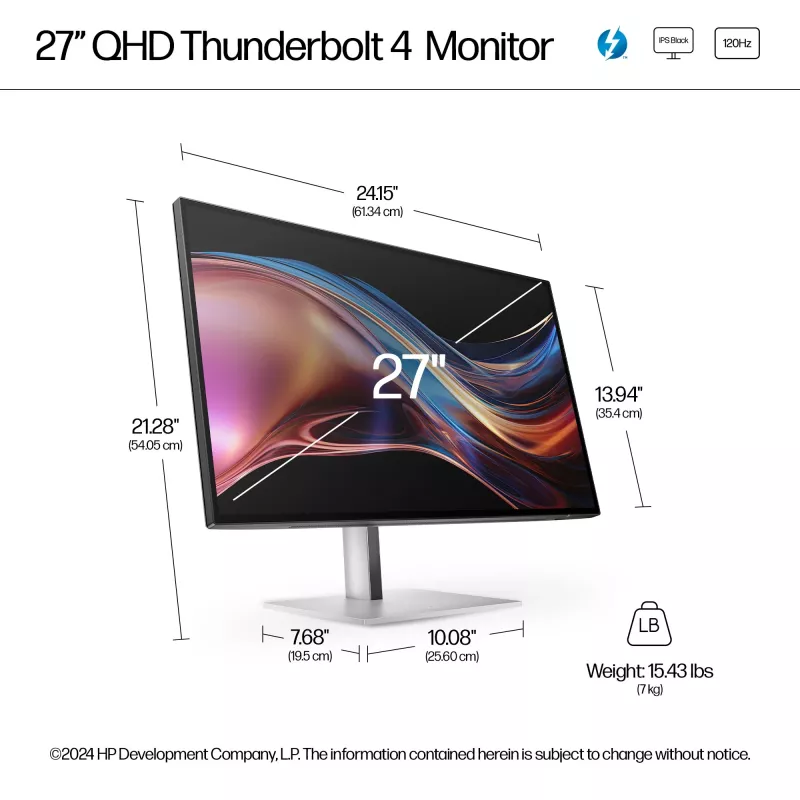 Monitor HP Series 7 Pro 27 polegadas QHD Thunderbolt 4 - 727pu, 68,6 cm (27 polegadas), 2560 x 1440 píxeis, Quad HD, LCD, 5 ms, preto