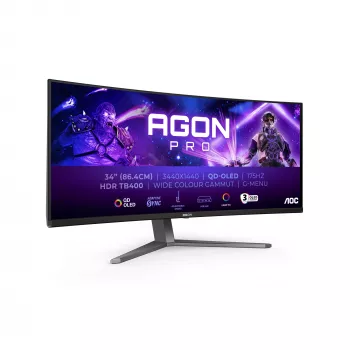 Monitor de computador AOC AGON PRO AG346UCD 86,4 cm (34 polegadas) 3440 x 1440 píxeis Wide Quad HD QD-OLED preto, cinzento