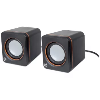 Manhattan 2600 Series Sistema de altifalantes, Tamanho pequeno, Som grande, Dois altifalantes, Estéreo, Alimentação USB, Saída: 2x 3W, Ficha de 3,5mm para som, Controlo de volume em linha, Cabo 0.9m, Preto, Garantia de três anos
