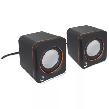Manhattan 2600 Series Sistema de altifalantes, Tamanho pequeno, Som grande, Dois altifalantes, Estéreo, Alimentação USB, Saída: 2x 3W, Ficha de 3,5mm para som, Controlo de volume em linha, Cabo 0.9m, Preto, Garantia de três anos