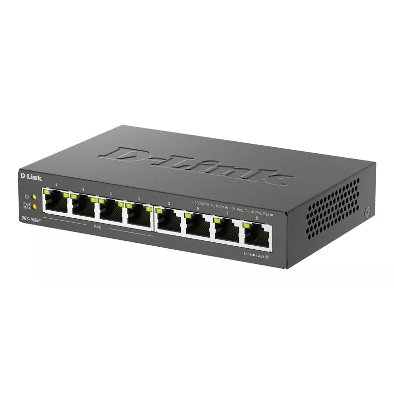 Switch não gerido D-Link DGS-1008P/E, L2, 8 portas, PoE