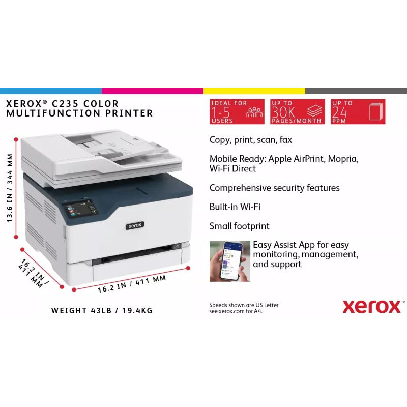 Xerox C235 A4 22ppm Wireless Copiar/Imprimir/Digitalizar/Fax PS3 PCL5e/6 ADF 2 bandejas de papel total 251 folhas