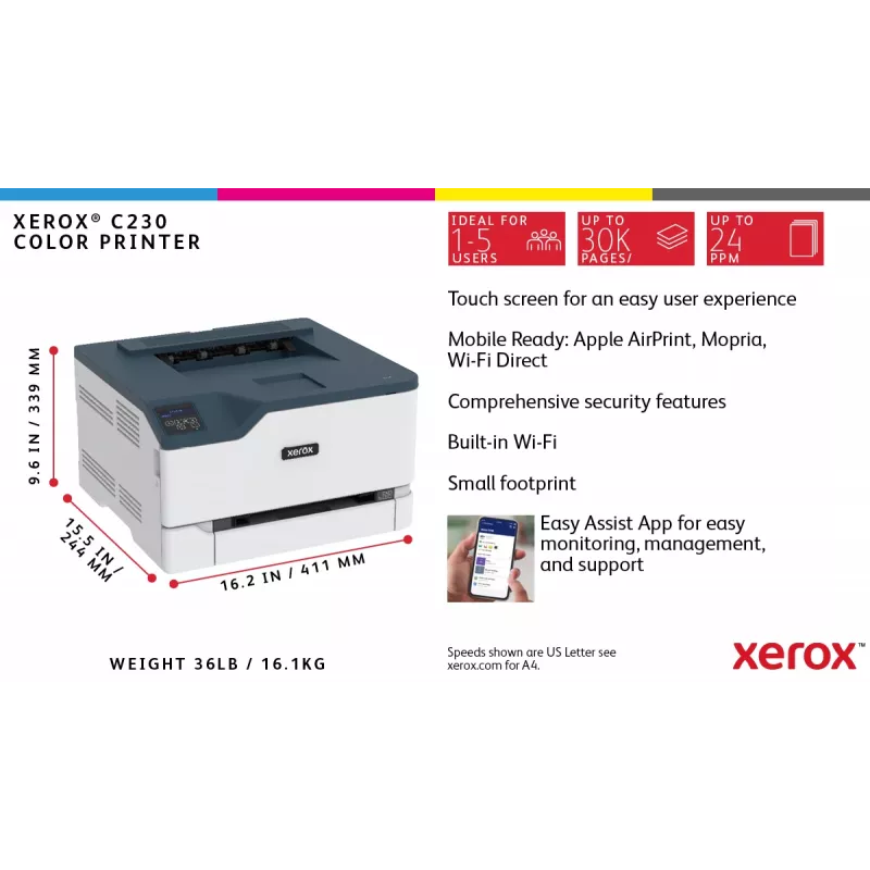 Xerox C230 A4 22ppm Wireless Duplex Impressora PS3 PCL5e6 2 bandejas de papel total 251 folhas