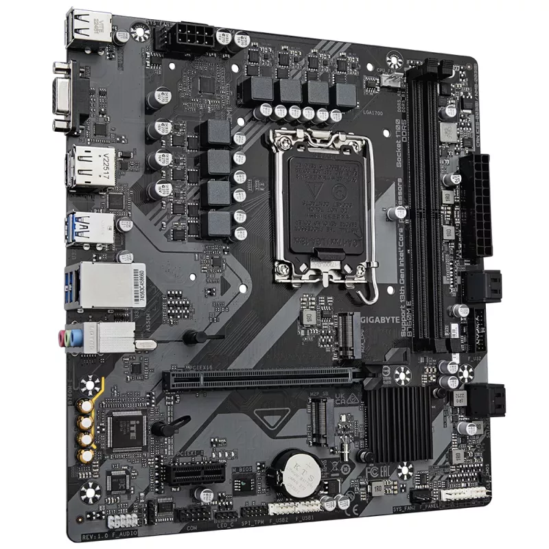 GIGABYTE B760M E Placa-mãe - Suporta CPUs Intel Core de 14ª Geração, VRM 6+1+1 fases, até 7200MHz DDR5 (OC), 2xPCIe 4.0 M.2, 1 GbE LAN, USB 3.2 Gen 1