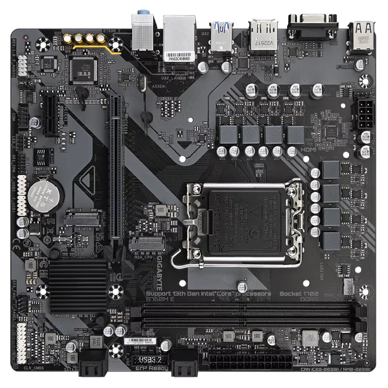 GIGABYTE B760M E Placa-mãe - Suporta CPUs Intel Core de 14ª Geração, VRM 6+1+1 fases, até 7200MHz DDR5 (OC), 2xPCIe 4.0 M.2, 1 GbE LAN, USB 3.2 Gen 1