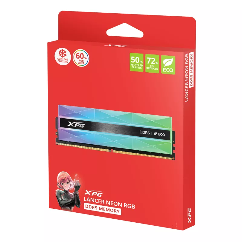 DIMM 32 GB DDR5-6000 (2x 16 GB) kit duplo, memória RAM prateada, AX5U6000C3016G-DCLANRSG, Lancer Neon RGB, INTEL XMP, AMD EXPO