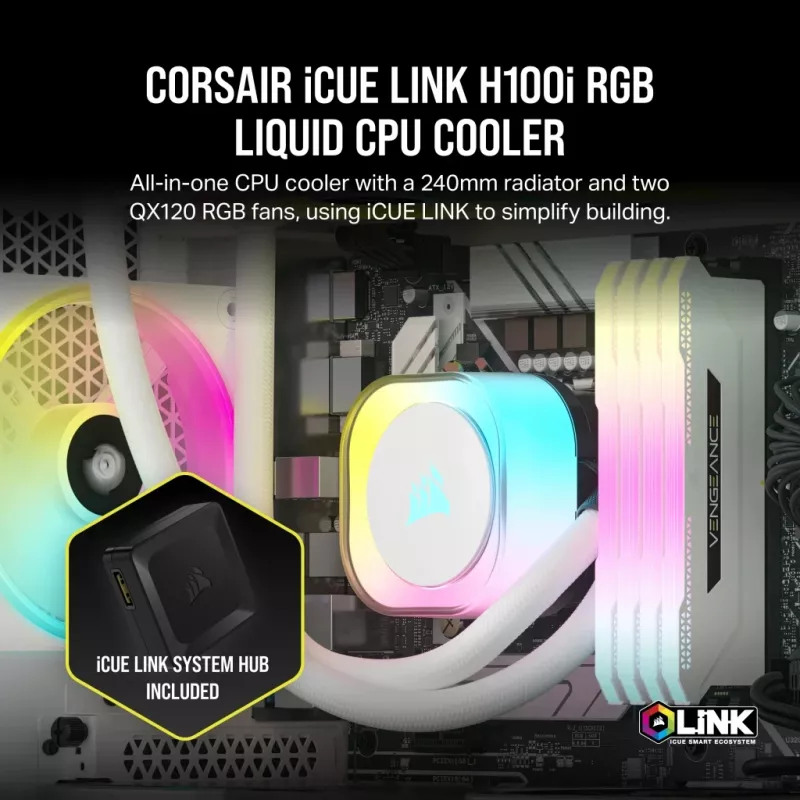 Cooler de CPU CORSAIR – iCUE Link H100i RGB cooler líquido AiO – branco