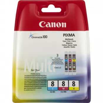 Multipack de tinteiros Canon CLI-8 C/M/Y, ciano, magenta, amarelo, tinta pigmentada, 3 unid.