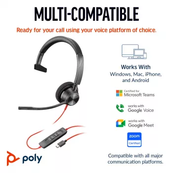 HP Poly Blackwire 3310 headset monaural com USB-C + adaptador USB-C/A