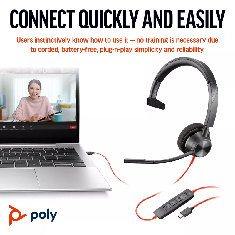 HP Poly Blackwire 3310 headset monaural com USB-C + adaptador USB-C/A