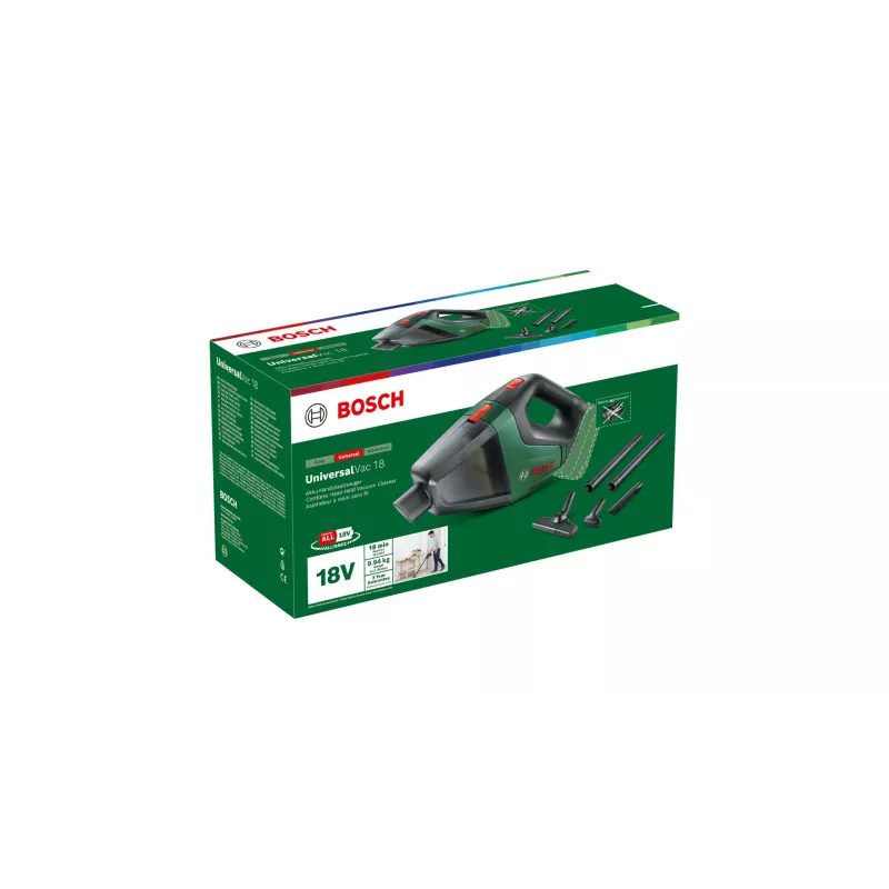Aspirador de pó com bateria Bosch UniversalVac 18 2-em-1, bateria, a seco, sem saco, preto, verde