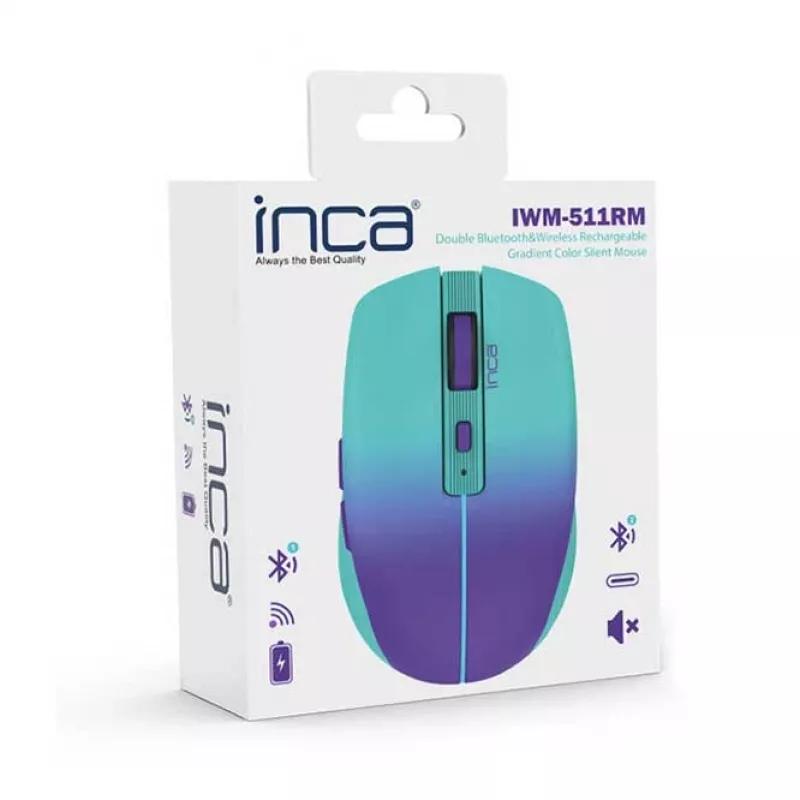 Rato sem fios INCA Iwm-511rm – RF Wireless + Bluetooth + USB Type-C – 1600 dpi – 6 botões – Verde Violeta