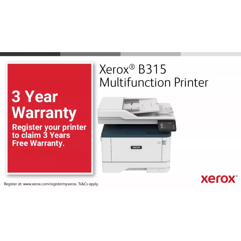 Xerox B315 A4 40ppm Wireless Duplex Copiar/Imprimir/Digitalizar/Fax PS3 PCL5e/6 2 gavetas de papel 350 folhas