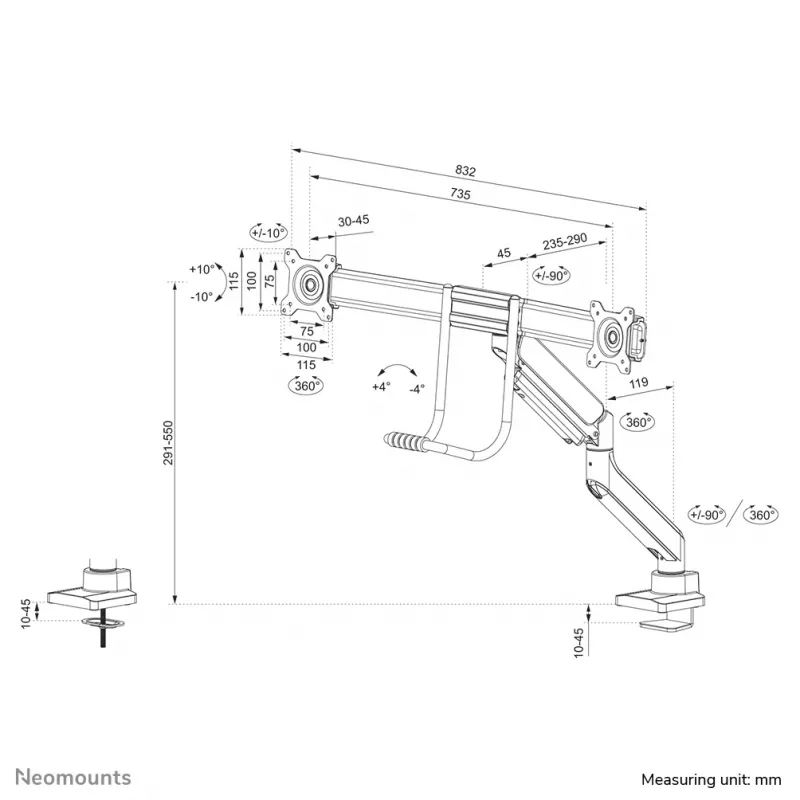 Neomounts DS75-450WH2 braço para monitor 17-32 polegadas - mola a gás - Topfix - bloqueio a 180°