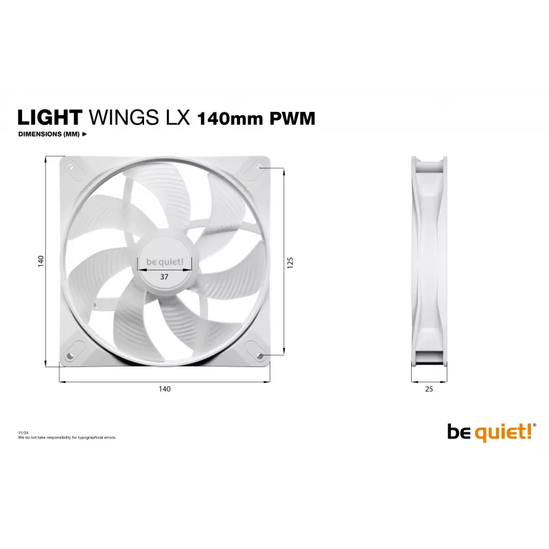 bequiet! LIGHT WINGS LX 140mm PWM Pack de 3 Branco — Ventoinha 140×25 mm, 1200 rpm, 95 m³/h, LEDs RGB
