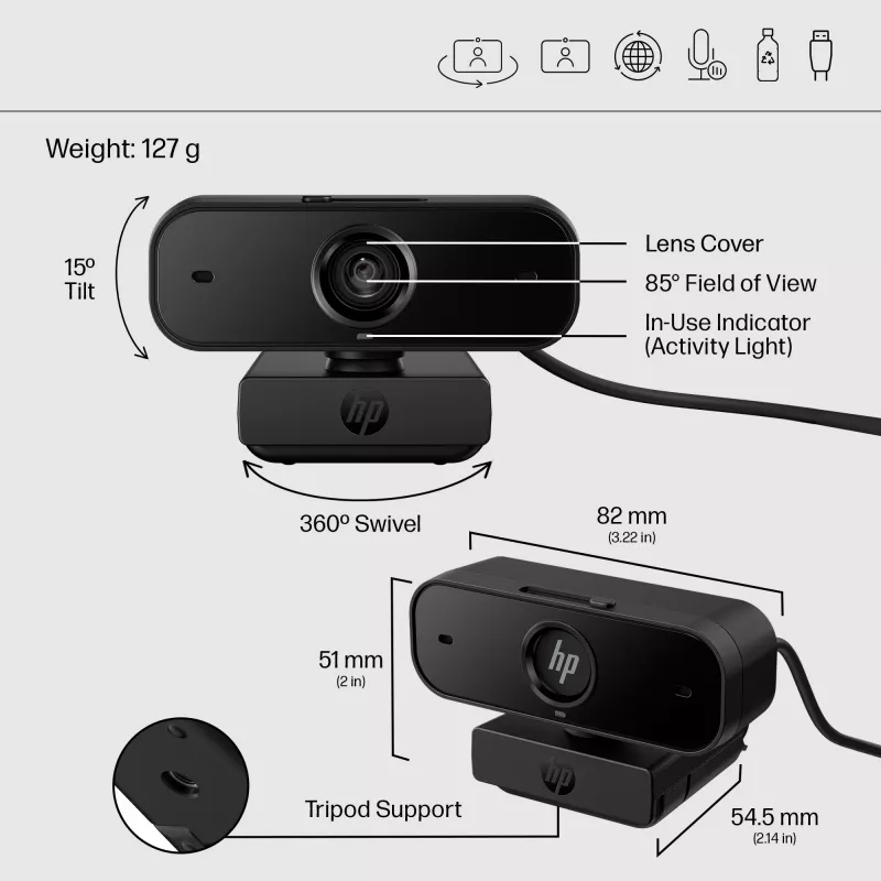 HP 435 FHD webcam (77B10AA), 2 MP, 1920 x 1080, 30 fps, USB-A 2.0, focagem automática, cobertura de privacidade, microfone duplo, preto