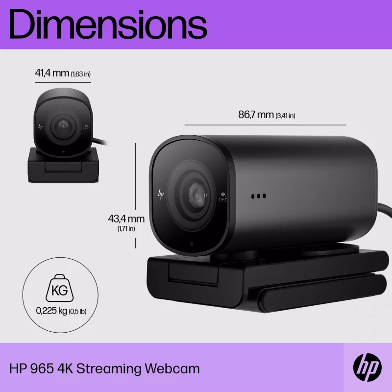 Webcam HP 965 4K Streaming, 8 MP, 3840 x 2160 píxeis, Full HD, 60 fps, 1280x720@30fps, 1280x720@60fps, 1920x1080@30fps, 1920x1080@60fps, 3840x2160@30fps, USB