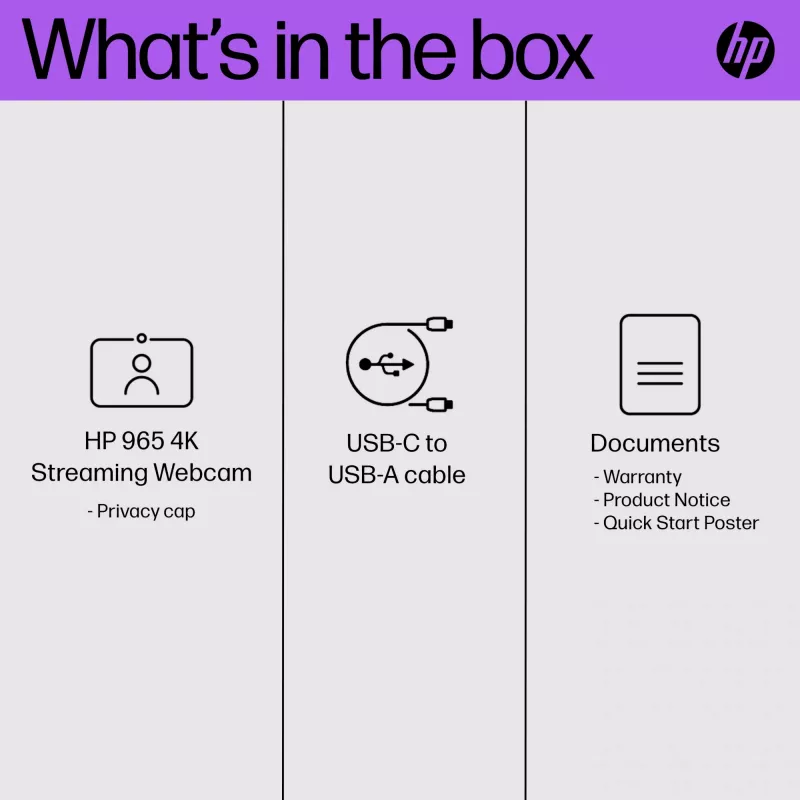 Webcam HP 965 4K Streaming, 8 MP, 3840 x 2160 píxeis, Full HD, 60 fps, 1280x720@30fps, 1280x720@60fps, 1920x1080@30fps, 1920x1080@60fps, 3840x2160@30fps, USB