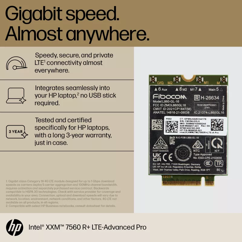 HP XMM 7560 R+ LTE-Advanced Pro WWAN, China, Empresarial, -20 - 65 °C, -40 - 85 °C, Windows 10, Windows 11, 42 mm