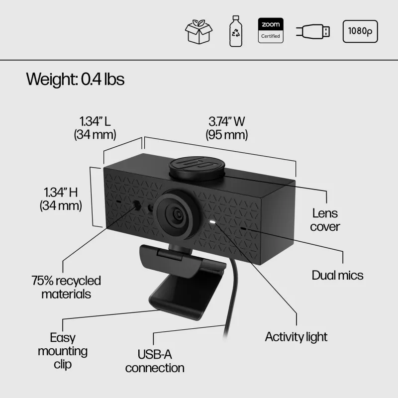 Webcam HP 620 FHD, 4 MP, 1920 x 1080 píxeis, Full HD, 60 fps, 720p, 1080p, 5x