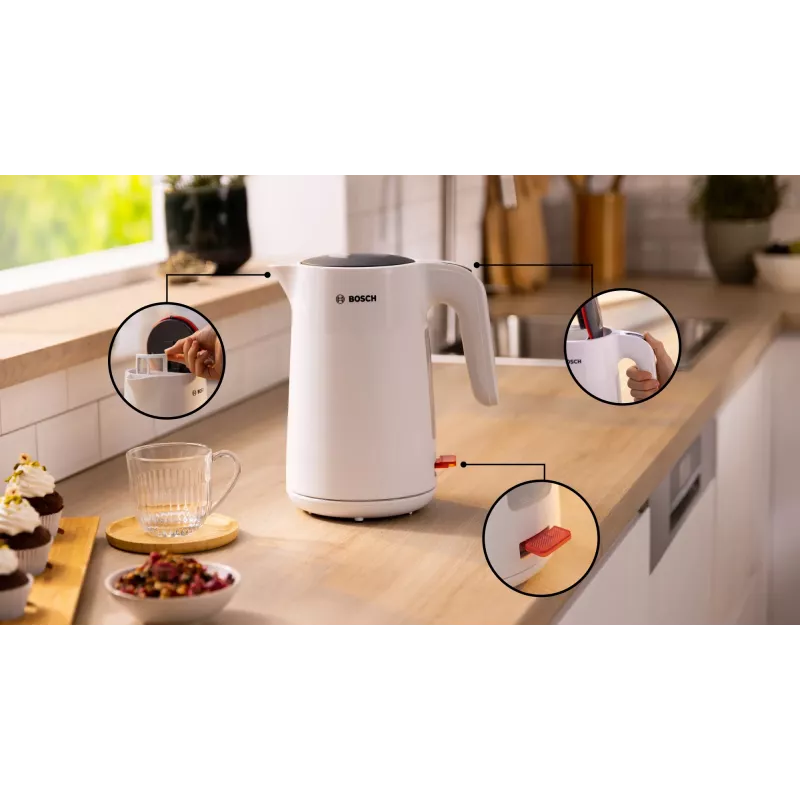 Chaleira Bosch TWK2M161, 1,7 l, 2400 W, branco, corpo em plástico, base 360°