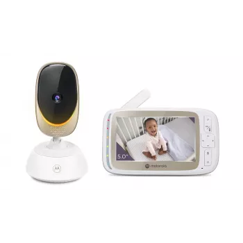 Videocâmara Motorola VM85 CONNECT — ecrã TFT de 5 polegadas, 480×272, 300 m de alcance, 2× zoom digital, 2,4 GHz Wi‑Fi/FHSS, áudio bidirecional, branco