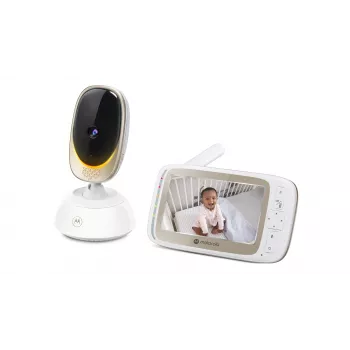 Videocâmara Motorola VM85 CONNECT — ecrã TFT de 5 polegadas, 480×272, 300 m de alcance, 2× zoom digital, 2,4 GHz Wi‑Fi/FHSS, áudio bidirecional, branco