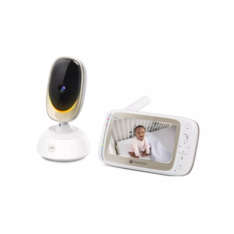 Videocâmara Motorola VM85 CONNECT — ecrã TFT de 5 polegadas, 480×272, 300 m de alcance, 2× zoom digital, 2,4 GHz Wi‑Fi/FHSS, áudio bidirecional, branco