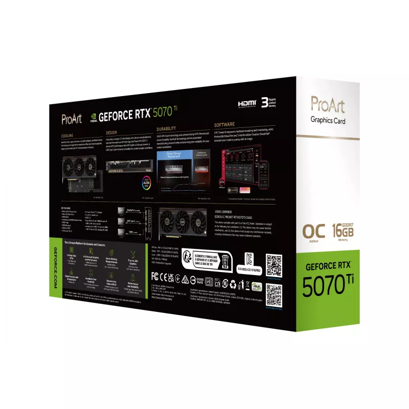 Placa gráfica ASUS ProArt GeForce RTX 5070 Ti 16GB GDDR7, PCIe 5.0, 256-Bit, 304mm, 3 ventoinhas